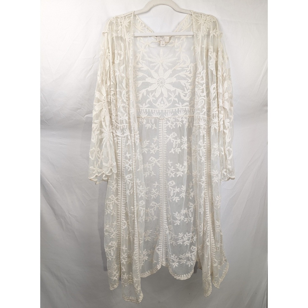 Floral Fairy Sheer Lace Embroidered Long‎ Cardigan Size L Boho Ethereal Festival